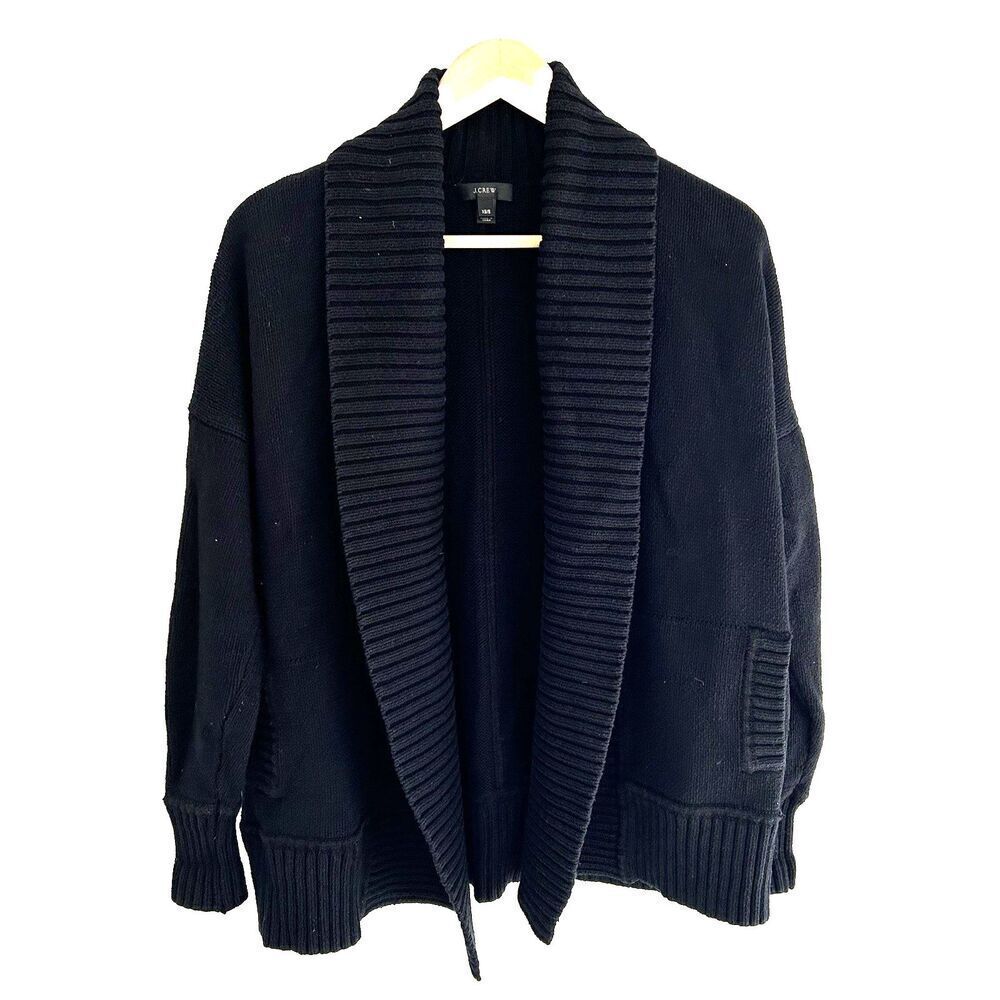 J.Crew Chunky Knit Open Front Sweater Size XS Small Black Pockets Shawl Collar